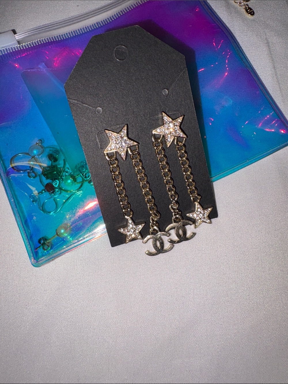 CHANEL Gold-Tone Star Drop Chain Earrings with Crystal Stars